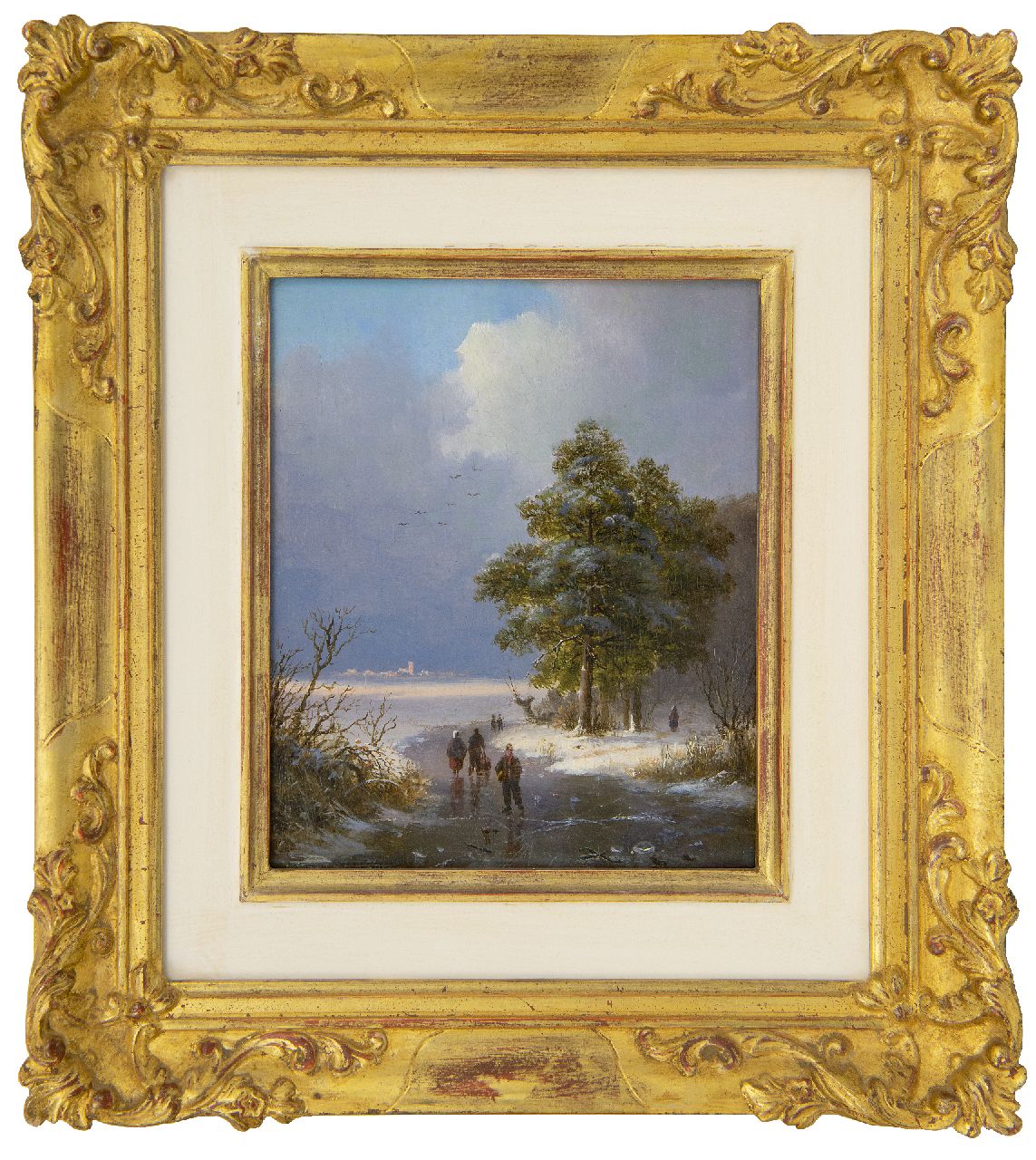 Klombeck J.B.  | Johann Bernard Klombeck | Schilderijen te koop aangeboden | Weids winterlandschap met schaatsers (te koop met zomers pendant), olieverf op paneel 16,4 x 13,5 cm, gesigneerd linksonder en gedateerd 1842