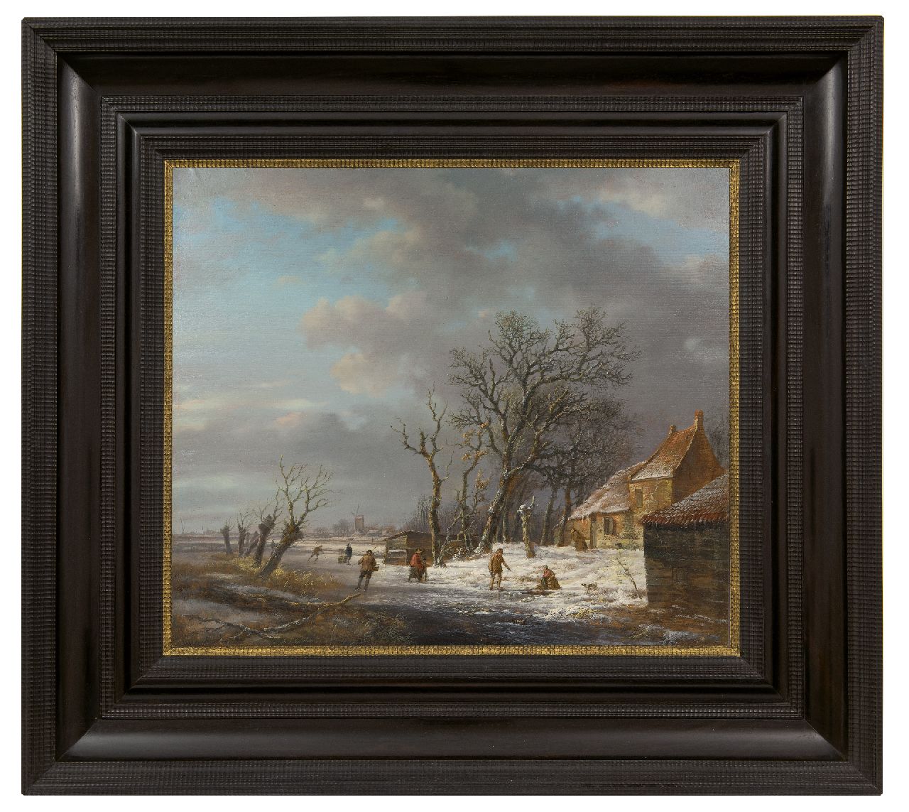 Schelfhout A. | Andreas Schelfhout, Winterlandschap met schaatsers en een wasvrouw bij een ijsgat, olieverf op paneel 37,0 x 43,1 cm, gesigneerd linksonder en te dateren ca. 1820 Schelfhout A. | Andreas Schelfhout, Winterlandschap met schaatsers en een wasvrouw bij een ijsgat, olieverf op paneel 37,0 x 43,1 cm, gesigneerd linksonder en te dateren ca. 1820
