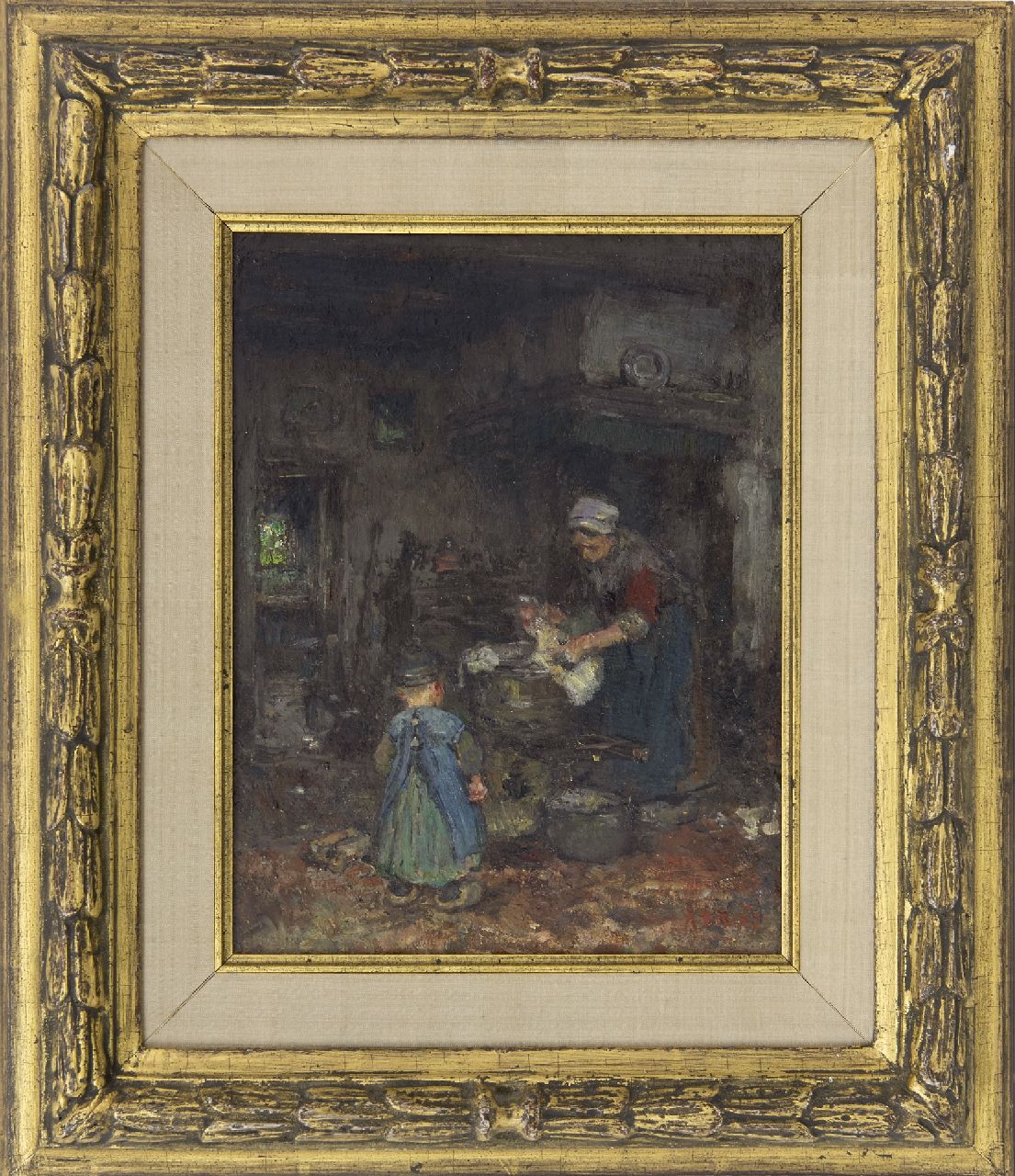 Briët A.H.C.  | 'Arthur' Henri Christiaan Briët | Schilderijen te koop aangeboden | Boereninterieur met moeder en kind, olieverf op board op paneel 29,1 x 22,6 cm, gesigneerd rechtsonder