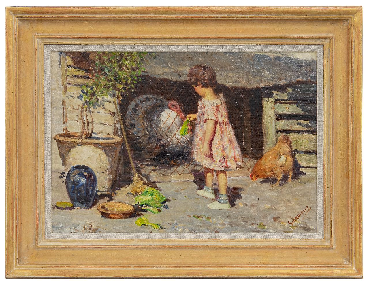 Giardiello G.  | Giuseppe Giardiello, Meisje met kalkoen, olieverf op doek 34,5 x 50,5 cm, gesigneerd rechtsonder