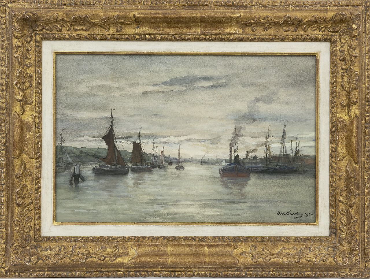 Mesdag H.W.  | Hendrik Willem Mesdag, Binnenhaven Scheveningen, aquarel op papier 34,4 x 51,9 cm, gesigneerd rechtsonder en gedateerd 1900
