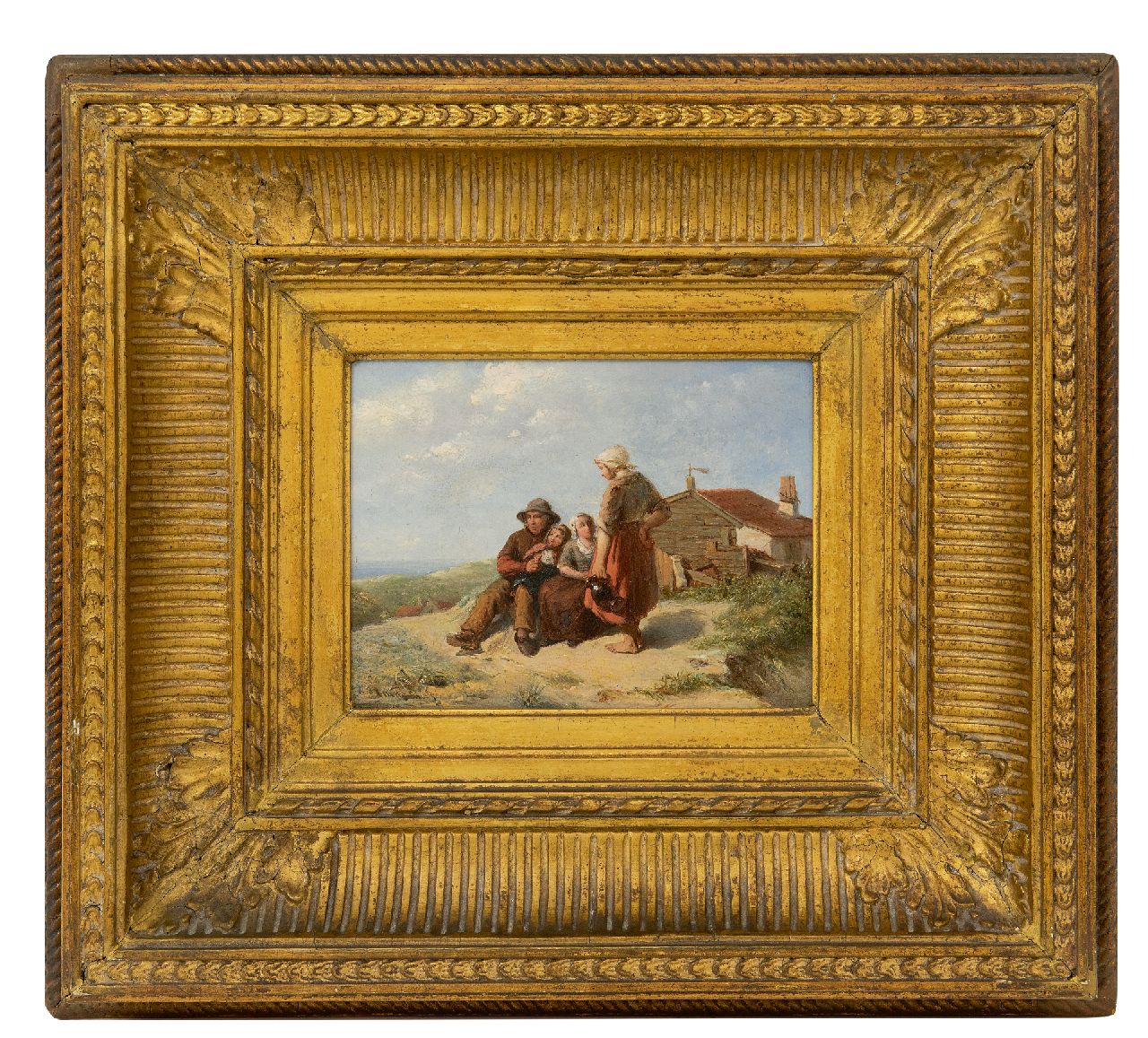 Bus J.M. de | Johannes Martinus de Bus | Schilderijen te koop aangeboden | Vissersfamilie in de duinen, olieverf op paneel 12,7 x 16,6 cm, gesigneerd linksonder