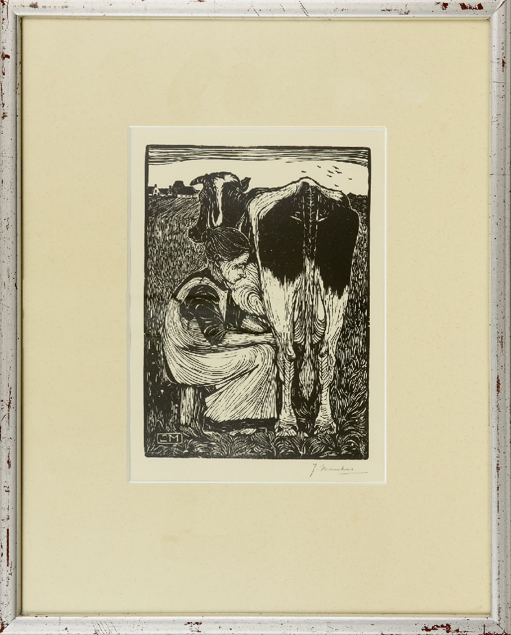 Mankes J.  | Jan Mankes | Grafiek te koop aangeboden | Koemelkende boerin, houtsnede op papier 22,0 x 16,0 cm, gesigneerd rechtsonder