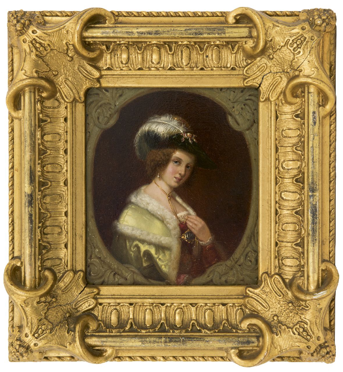Waldorp A.  | Antonie Waldorp, Portret van een rijk uitgedoste vrouw, olieverf op paneel 19,0 x 16,2 cm, gesigneerd rechtsonder met initialen