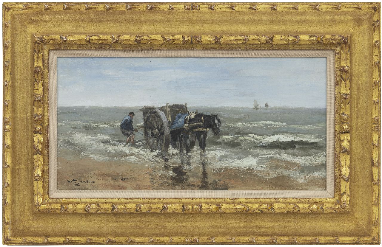 Jansen W.G.F.  | 'Willem' George Frederik Jansen, Schelpenvisser op het strand, olieverf op doek 20,2 x 40,4 cm, gesigneerd linksonder