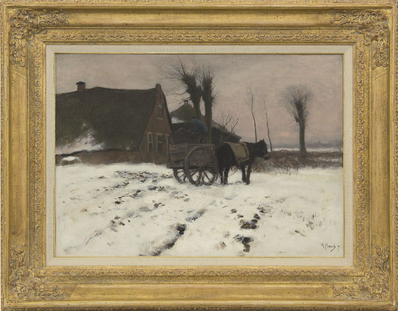 Mauve A.  | Anthonij 'Anton' Mauve, Een sneeuwlandschap met paard en wagen, olieverf op doek 51,7 x 71,2 cm, gesigneerd rechtsonder