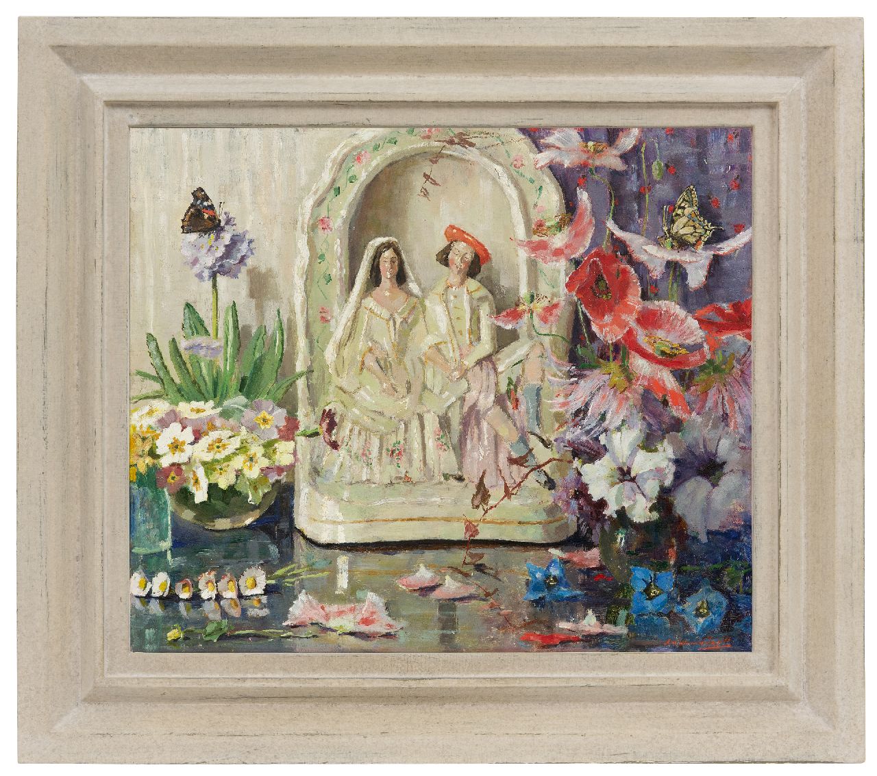 Dam van Isselt L. van | Lucie van Dam van Isselt | Schilderijen te koop aangeboden | Stilleven met bloemen, vlinders en porseleinen huwelijksbeeldje, olieverf op paneel 45,2 x 53,2 cm, gesigneerd rechtsonder