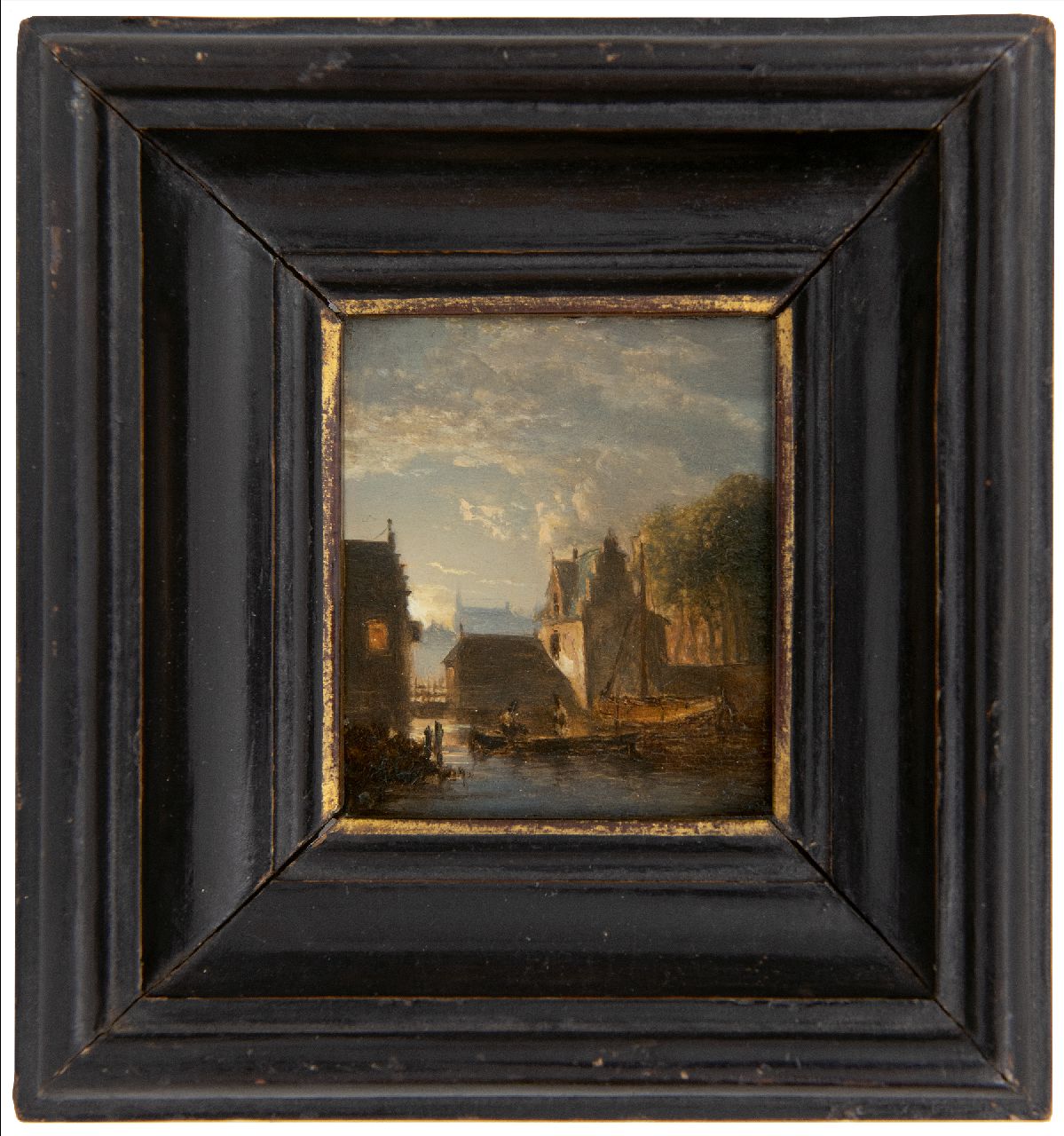 Abels J.Th.  | 'Jacobus' Theodorus Abels | Schilderijen te koop aangeboden | Stadsgrachtje bij maanlicht, olieverf op paneel 7,8 x 7,0 cm