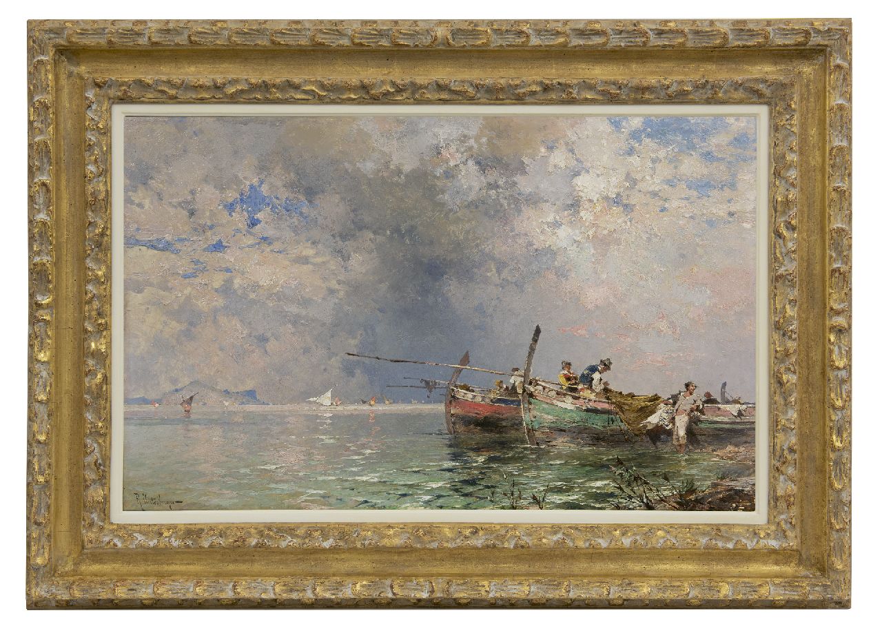 Unterberger F.R.  | Franz Richard Unterberger | Schilderijen te koop aangeboden | Vissers in de baai van Palermo, olieverf op paneel 30,0 x 60,2 cm, gesigneerd linksonder