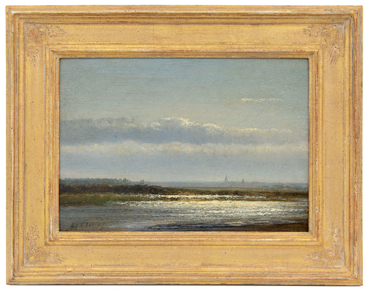 Kleijn L.J.  | Lodewijk Johannes Kleijn | Schilderijen te koop aangeboden | Lichteffect op de rivier, olieverf op paneel 17,2 x 24,2 cm, gesigneerd linksonder