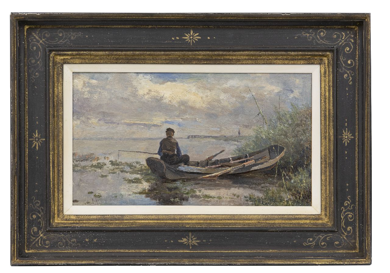 Gabriel P.J.C.  | Paul Joseph Constantin 'Constan(t)' Gabriel, Polderlandschap met visser in een bootje, olieverf op paneel 18,9 x 32,7 cm, gesigneerd linksonder