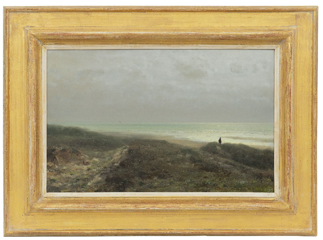 Destrée J.J.  | Johannes Josephus Destrée, Duinlandschap met wandelaar uitkijkend over zee, olieverf op paneel 27,6 x 43,8 cm, gesigneerd rechtsonder en gedateerd 1879