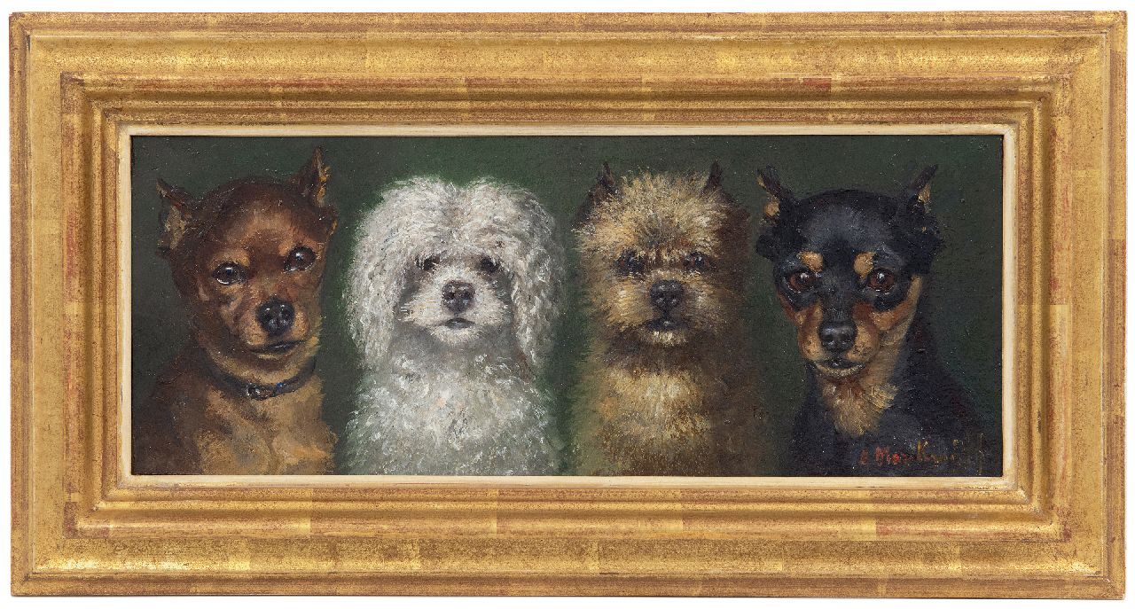 Kruijff A.M.  | Anna Maria Kruijff, Vier kleine honden, olieverf op paneel 14,6 x 36,0 cm, gesigneerd rechtsonder