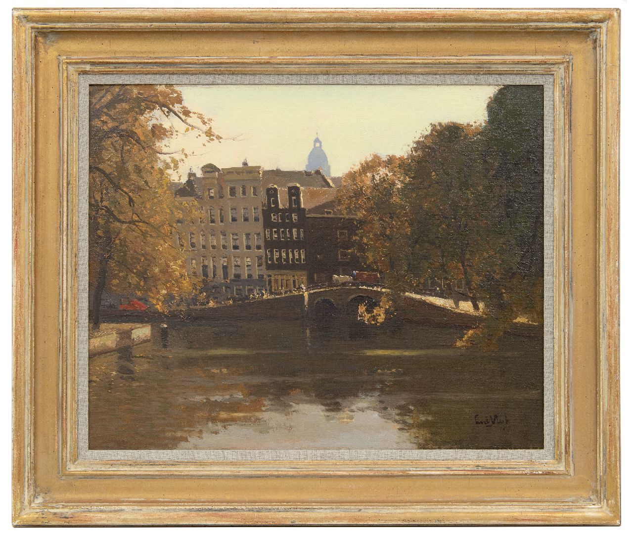 Vlist L. van der | Leendert van der Vlist | Schilderijen te koop aangeboden | Gezicht op de Herengracht in Amsterdam met de koepel van Metz & Co, olieverf op doek 40,4 x 50,5 cm, gesigneerd rechtsonder