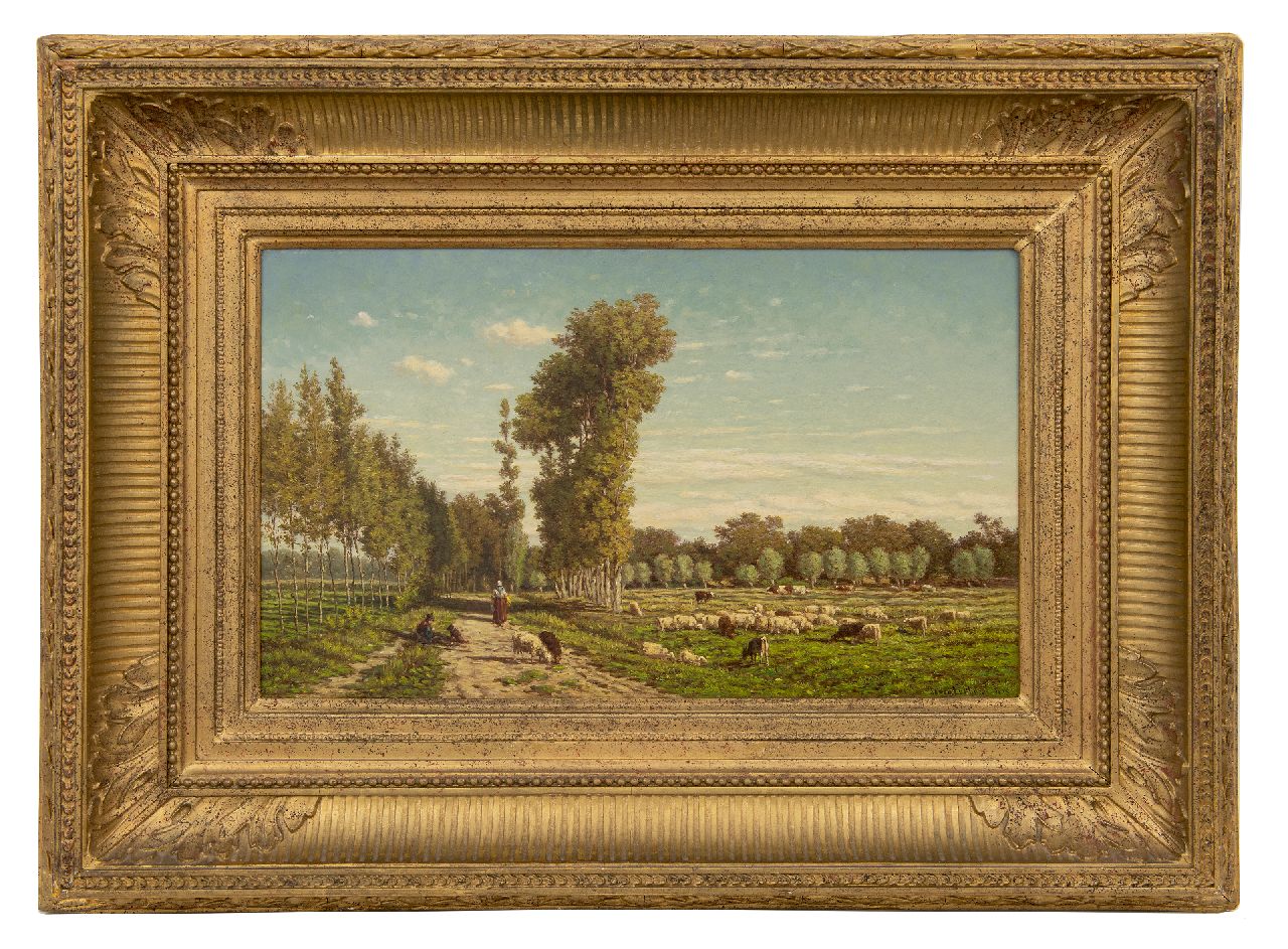 Lokhorst J.N. van | Johan Nicolaas 'Jan' van Lokhorst | Schilderijen te koop aangeboden | Schaapherder rustend langs een populierenlaantje (pendant), olieverf op paneel 27,4 x 45,6 cm, gesigneerd rechtsonder en gedateerd 1867