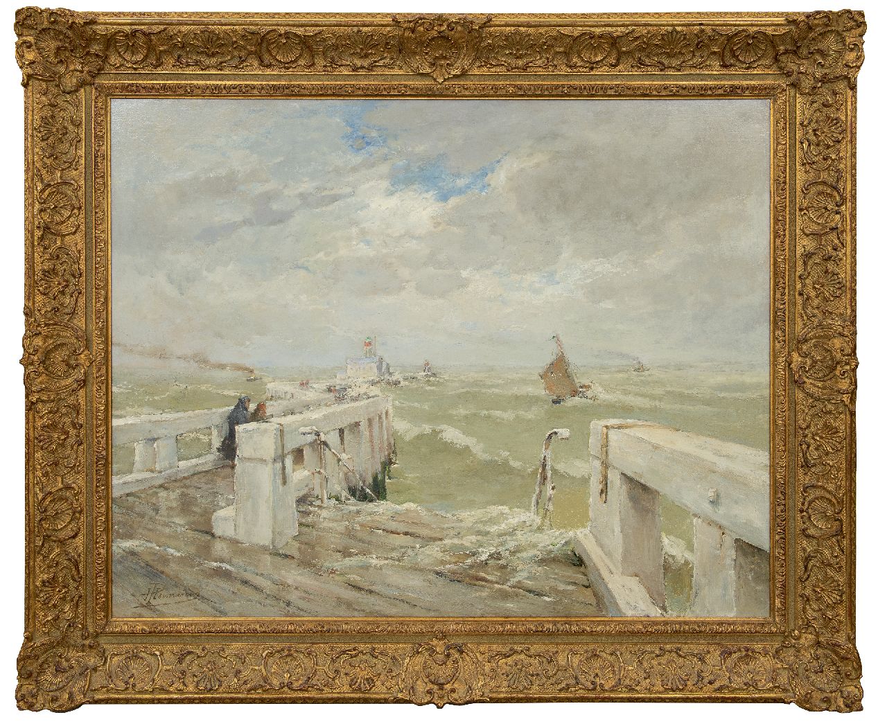 Hermanus P.F.  | 'Paul' François Hermanus, Figuren op een pier bij een vuurtoren in woelige branding, olieverf op doek 74,0 x 95,0 cm, gesigneerd linksonder