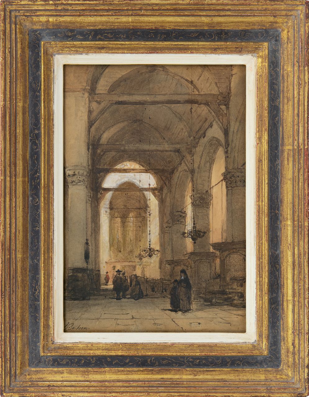 Bosboom J.  | Johannes Bosboom, Kerkinterieur met figuren, aquarel op papier 26,5 x 18,3 cm, gesigneerd linksonder