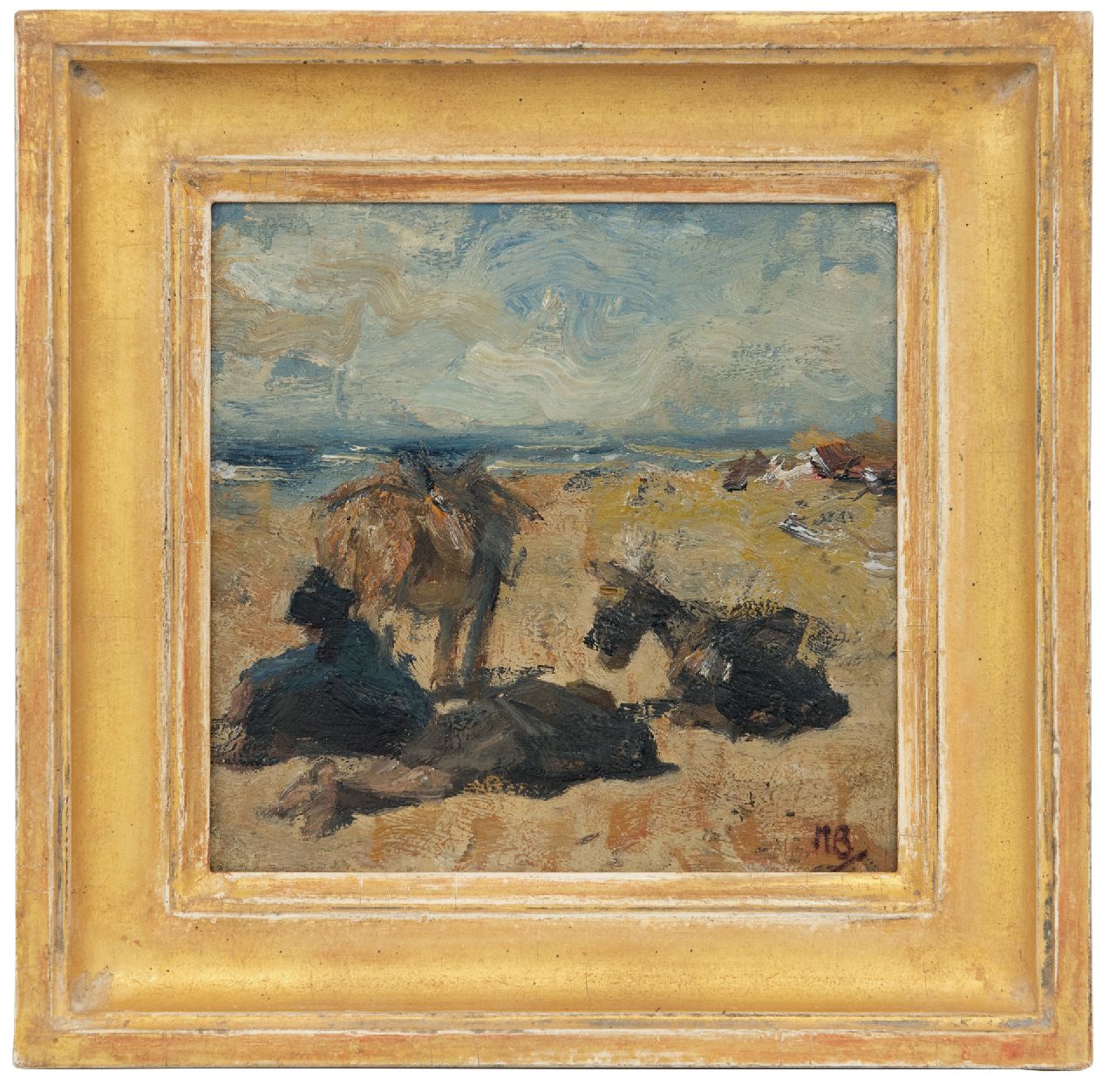 Bauer M.A.J.  | 'Marius' Alexander Jacques Bauer, Rustende ezels en ezeldrijver op het strand, olieverf op paneel 18,5 x 18,6 cm, gesigneerd rechtsonder met initialen