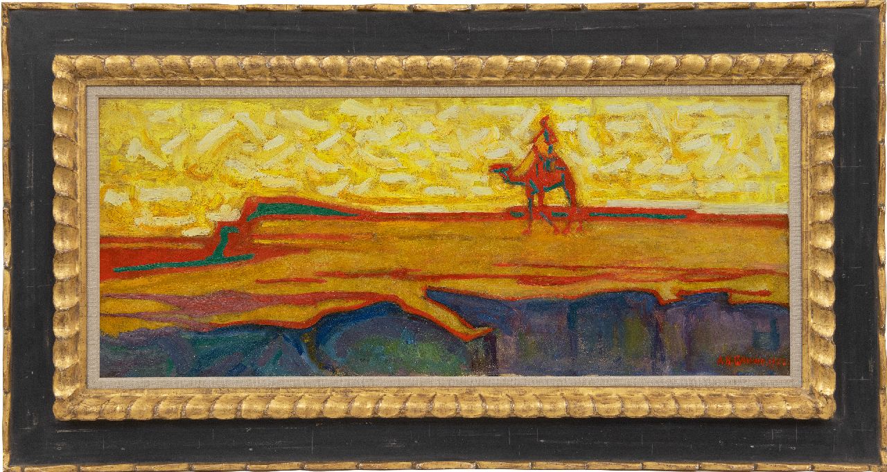 Gouwe A.H.  | Adriaan Herman Gouwe, Kamelenruiter in woestijnlandschap, olieverf op doek 33,5 x 80,0 cm, gesigneerd rechtsonder en gedateerd 1922