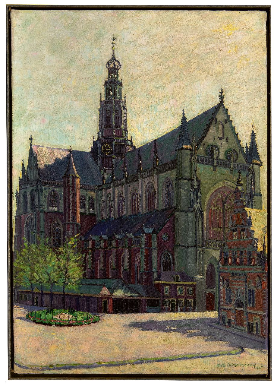 Schuhmacher W.G.C.  | Wijtze Gerrit Carel 'Wim' Schuhmacher | Schilderijen te koop aangeboden | De Grote of St. Bavokerk in Haarlem, olieverf op doek 82,5 x 57,4 cm, gesigneerd rechtsonder en gedateerd 1915