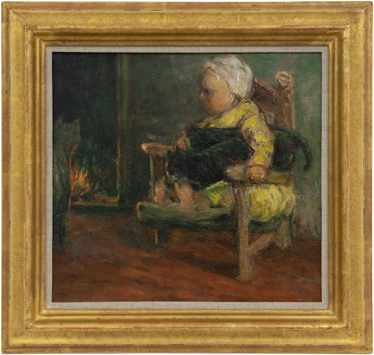Blommers B.J.  | Bernardus Johannes 'Bernard' Blommers, Kind in stoeltje met poezen voor de open haard, olieverf op doek 26,2 x 28,1 cm