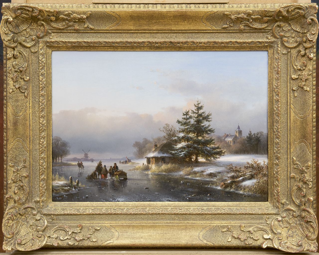 Kleijn L.J.  | Lodewijk Johannes Kleijn, Winterlandschap met schaatsers en landvolk op het ijs, olieverf op paneel 29,6 x 40,5 cm, gesigneerd rechtsonder