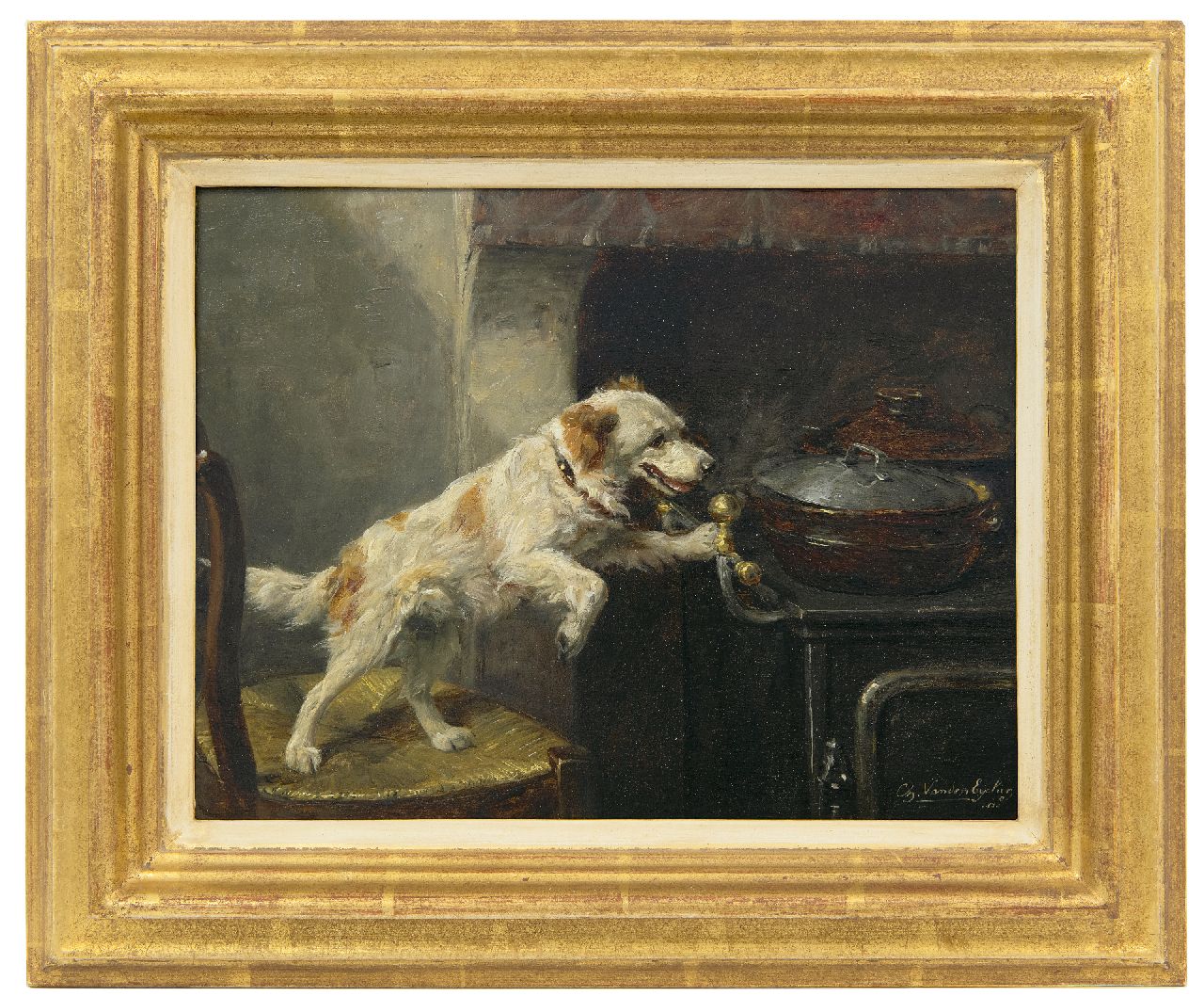 Eycken Ch. van den | Charles van den Eycken, Alleen in de keuken, olieverf op paneel 21,4 x 27,8 cm, gesigneerd rechtsonder en gedateerd 1880 en verso 6.3.80