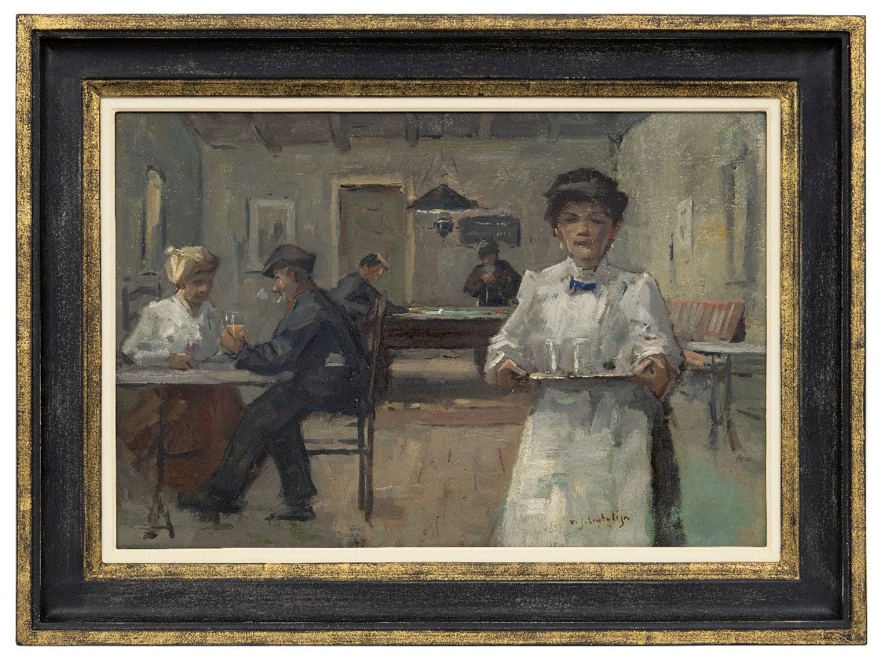 Ligtelijn E.J.  | Evert Jan Ligtelijn | Schilderijen te koop aangeboden | Dorpscafé, olieverf op paneel 36,6 x 54,5 cm, gesigneerd rechtsonder