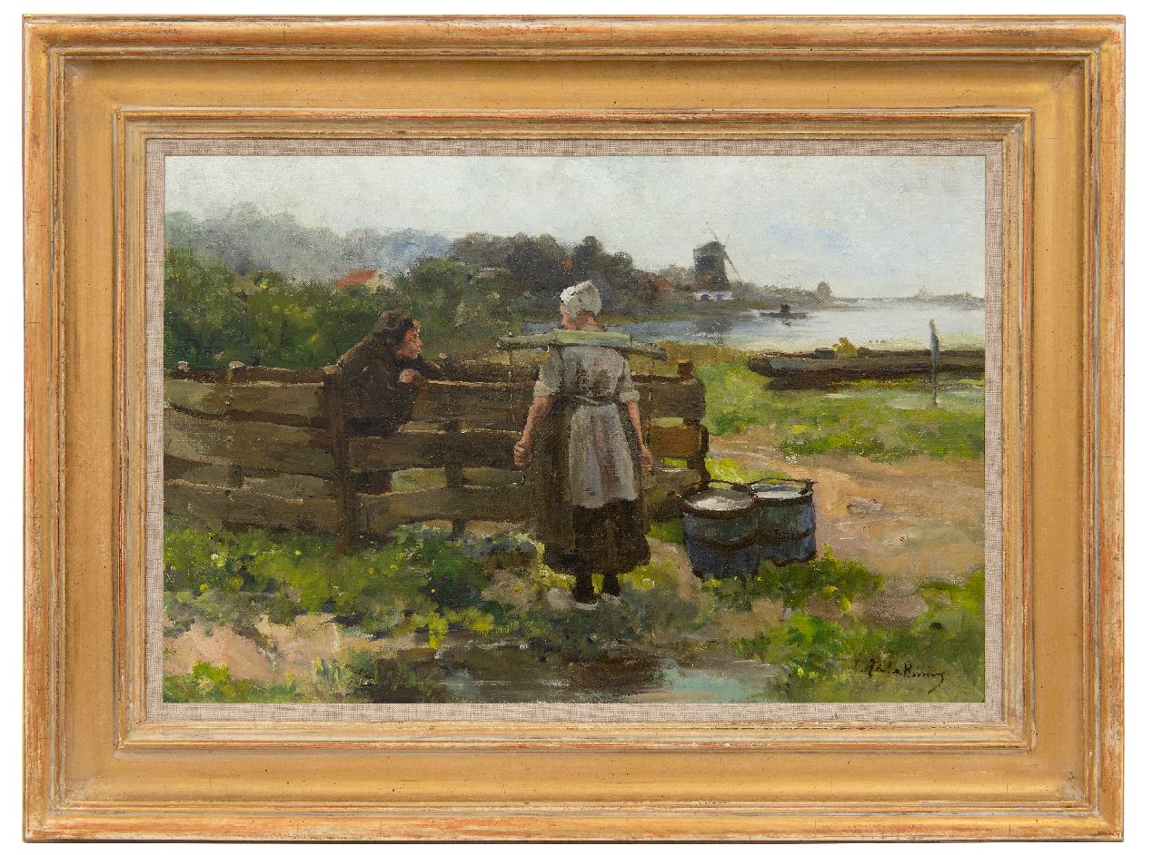 Rivière A.P. de la | Adrianus Philippus 'Adriaan' de la Rivière, Op vrijersvoeten, olieverf op doek 39,9 x 59,9 cm, gesigneerd rechtsonder Rivière A.P. de la | Adrianus Philippus 'Adriaan' de la Rivière, Op vrijersvoeten, olieverf op doek 39,9 x 59,9 cm, gesigneerd rechtsonder