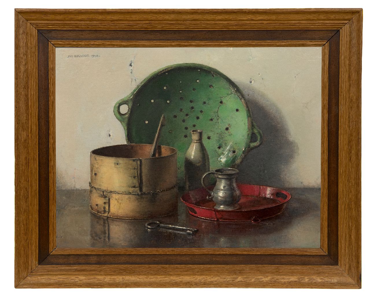 Bogaerts J.J.M.  | Johannes Jacobus Maria 'Jan' Bogaerts, Stilleven met groene zeef, olieverf op doek 50,2 x 66,1 cm, gesigneerd linksboven en gedateerd 1948