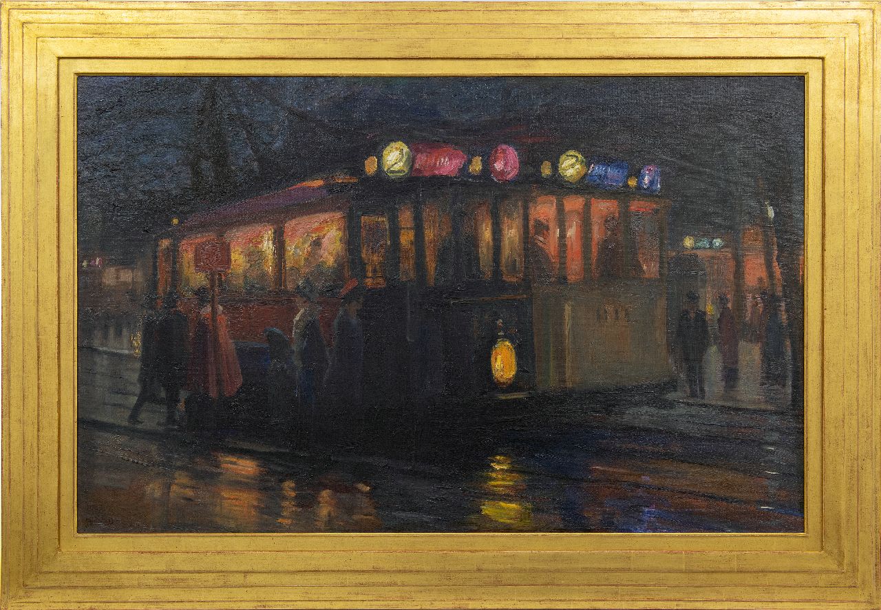 Richters M.J. | 'Marius' Johannes Richters, Trams bij het Beursplein, Rotterdam, olieverf op doek 70,0 x 110,2 cm, gesigneerd linksonder en te dateren ca. 1913 Richters M.J. | 'Marius' Johannes Richters, Trams bij het Beursplein, Rotterdam, olieverf op doek 70,0 x 110,2 cm, gesigneerd linksonder en te dateren ca. 1913