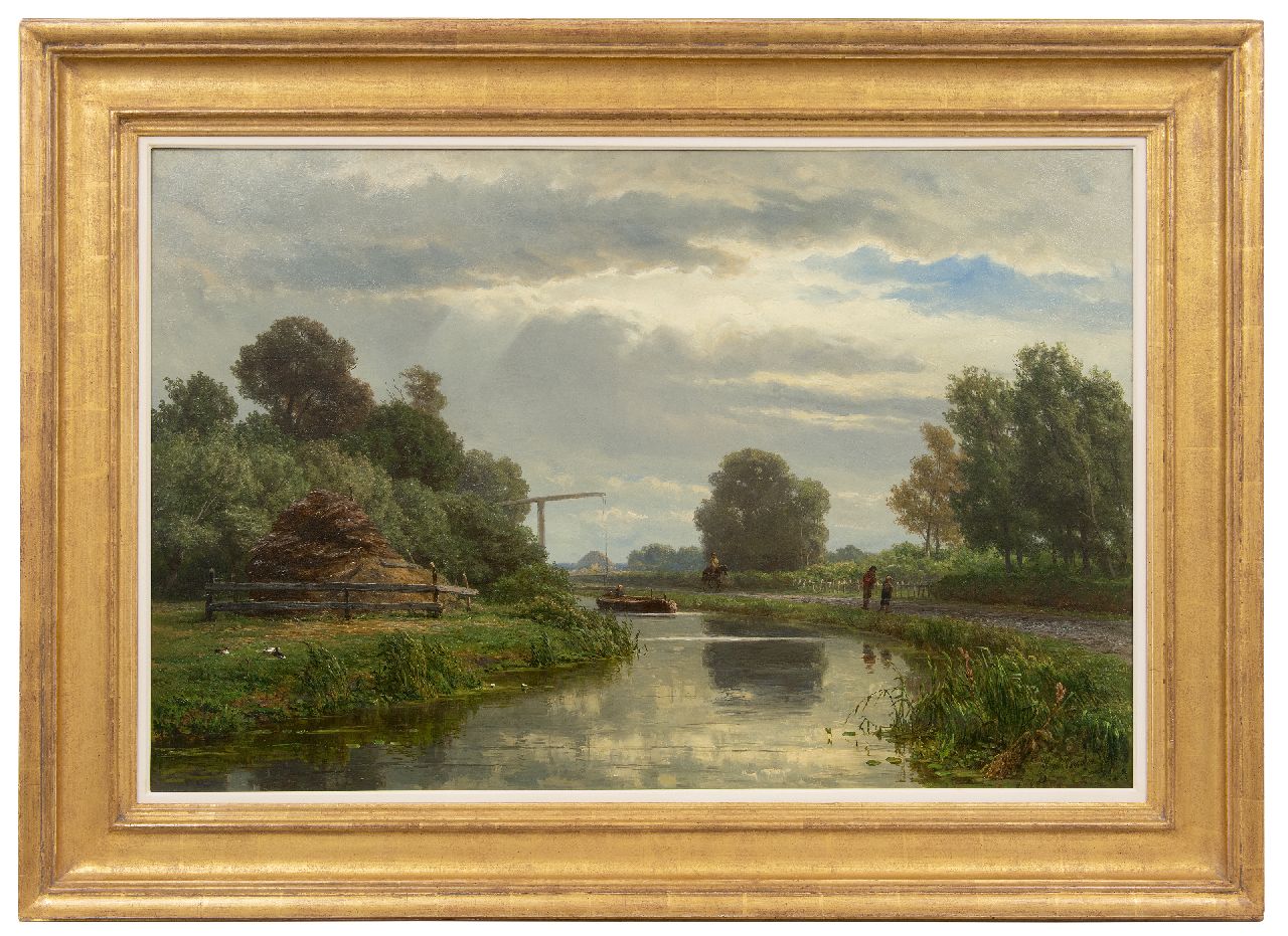 Borselen J.W. van | Jan Willem van Borselen | Schilderijen te koop aangeboden | Slepers met vrachtschuit in een polderlandschap, olieverf op doek 65,3 x 100,2 cm, gesigneerd rechtsonder en gedateerd 1872