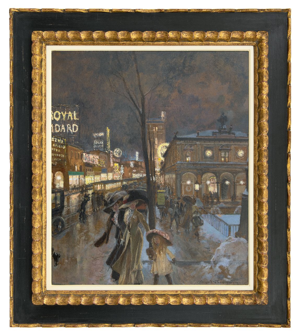 Flameng F.  | François Flameng, Winters uitgaansleven op Herald Square bij het Herald Building, New York, olieverf op board 62,4 x 52,4 cm, gesigneerd rechtsonder en gedateerd 1909