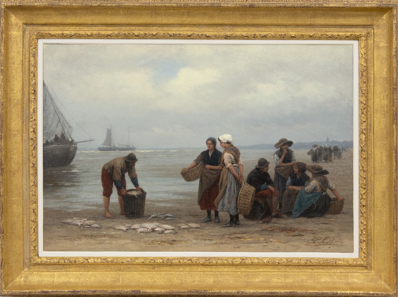 Sadée P.L.J.F.  | Philip Lodewijk Jacob Frederik Sadée, Visafslag op het strand van Scheveningen, olieverf op doek 49,9 x 75,0 cm, gesigneerd rechtsonder