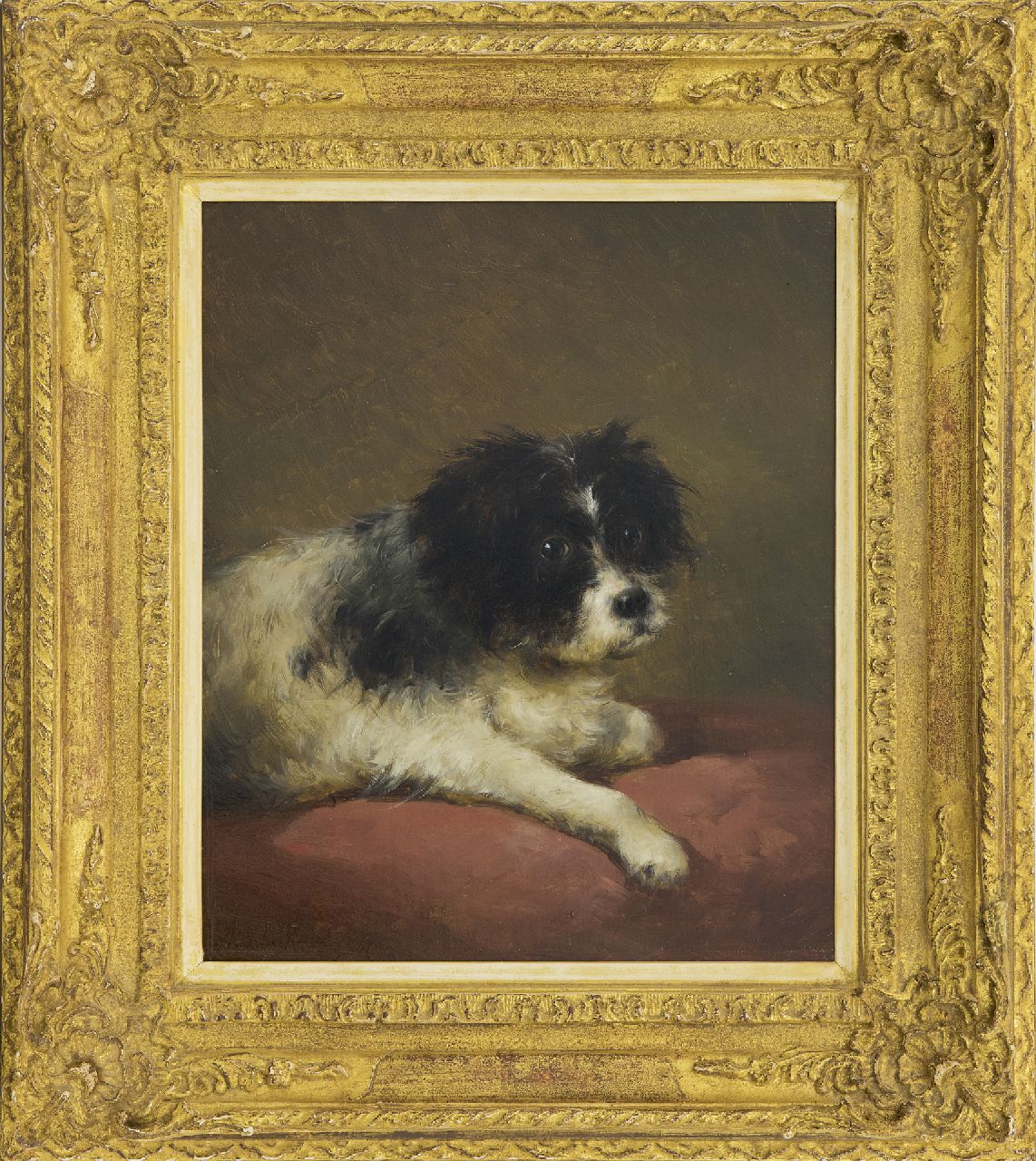 Schelfhout A.  | Andreas Schelfhout, Portret van een hondje liggend op een rood kussen, olieverf op paneel 32,1 x 27,3 cm, gesigneerd linksonder en gedateerd '47