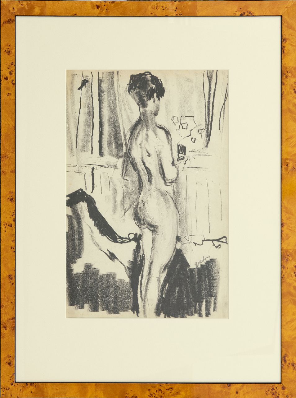 Martens G.G.  | Gijsbert 'George' Martens, Naakt, op de rug gezien, in atelier, zwart krijt op papier 48,0 x 32,5 cm, gesigneerd rechts van het midden en te dateren ca. 1931
