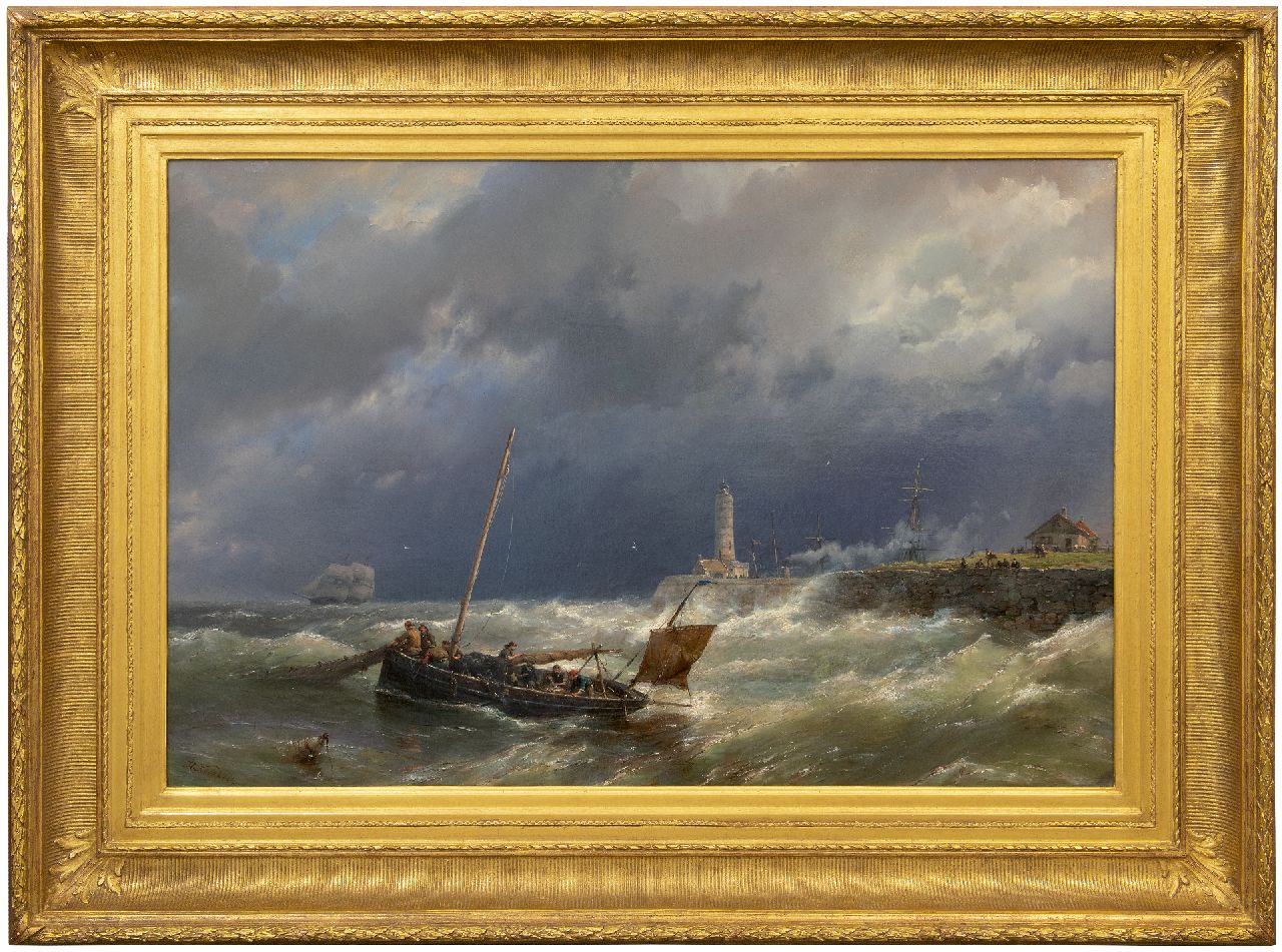 Koekkoek H.  | Hermanus Koekkoek | Schilderijen te koop aangeboden | Het binnenhalen van de netten bij stormachtig weer, olieverf op doek 67,4 x 100,7 cm, gesigneerd linksonder