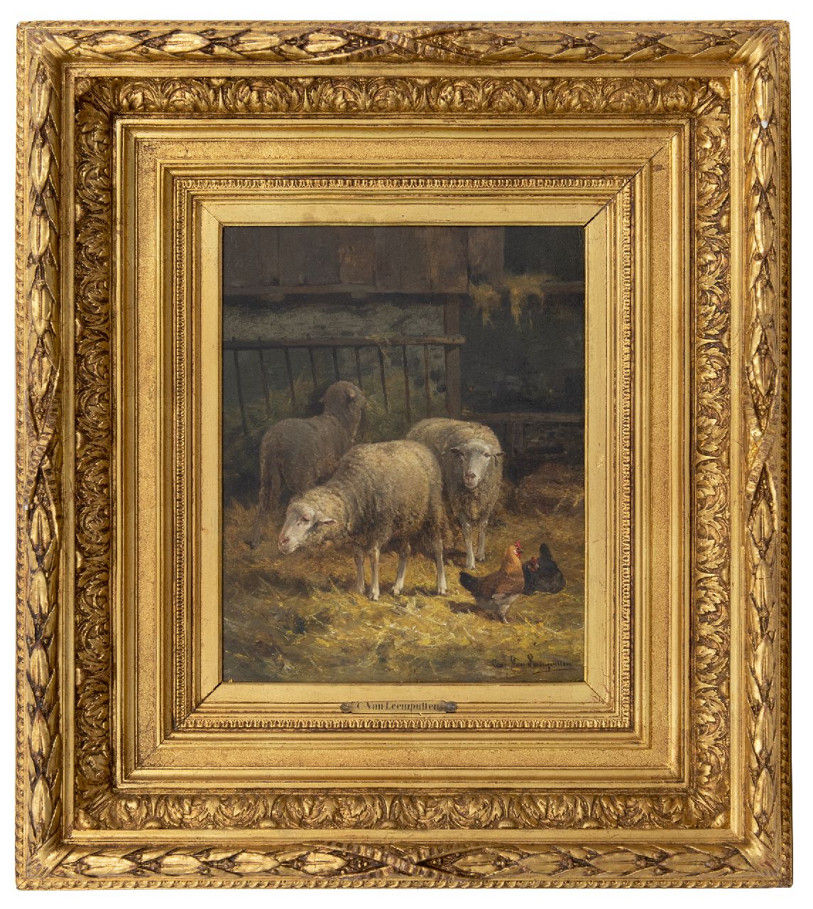 Leemputten C. van | Cornelis van Leemputten | Schilderijen te koop aangeboden | Schapen in de stal, olieverf op paneel 40,0 x 31,7 cm, gesigneerd rechtsonder