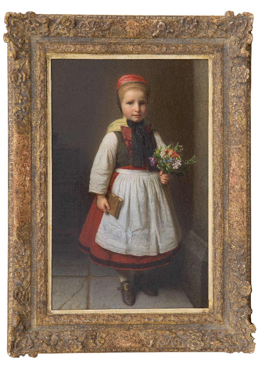 Boser K.F.A.  | Karl 'Friedrich' Adolf Boser, Meisje met bloemenboeketje, olieverf op paneel 41,8 x 27,1 cm, gesigneerd linksonder en gedateerd 1862