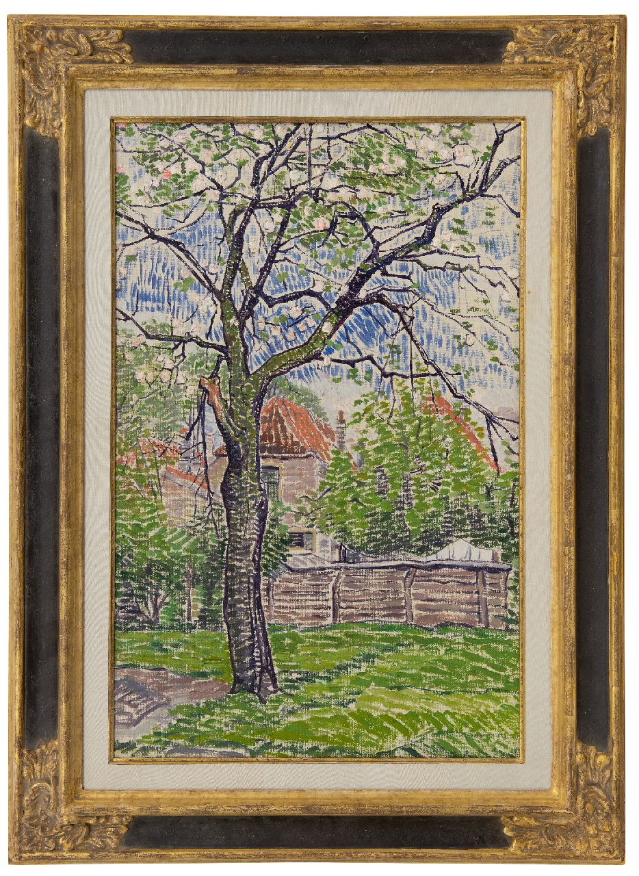 Pijpers E.E.  | 'Edith' Elizabeth Pijpers | Schilderijen te koop aangeboden | Tuin met appelboom in bloei, olieverf op doek 54,7 x 36,8 cm