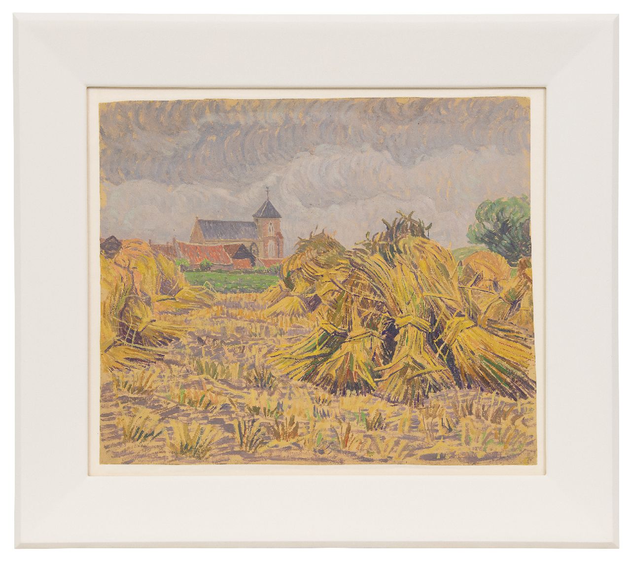 Pijpers E.E.  | 'Edith' Elizabeth Pijpers | Schilderijen te koop aangeboden | Dorpskerkje tussen veld met korenschoven, olieverf op papier 38,1 x 48,5 cm