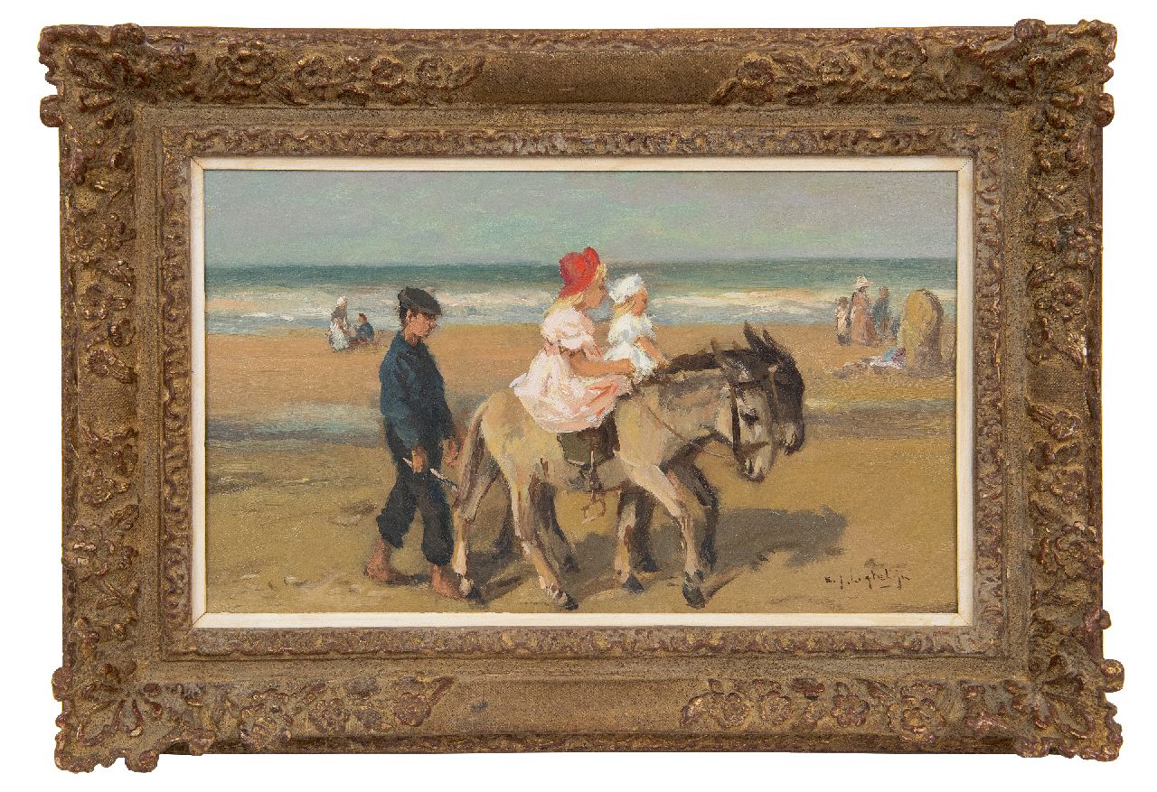 Ligtelijn E.J.  | Evert Jan Ligtelijn | Schilderijen te koop aangeboden | Ezeltje rijden op het strand, olieverf op paneel 23,9 x 40,3 cm, gesigneerd rechtsonder