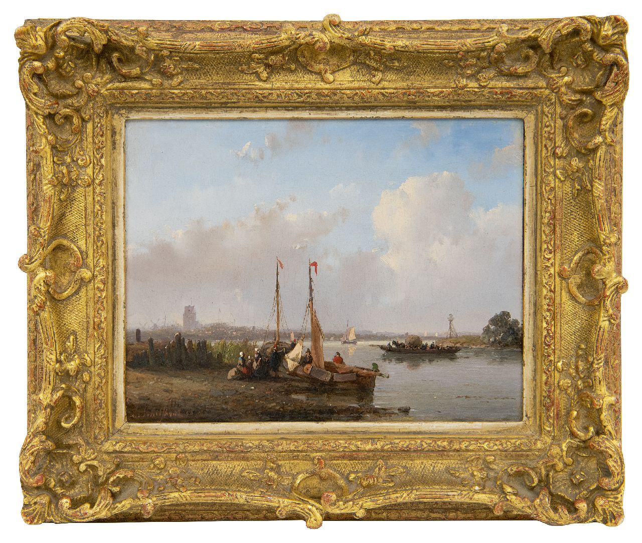 Schelfhout A.  | Andreas Schelfhout, Een zomerdag op het water bij Dordrecht, olieverf op paneel 17,3 x 22,7 cm, gesigneerd linksonder en gedateerd '50