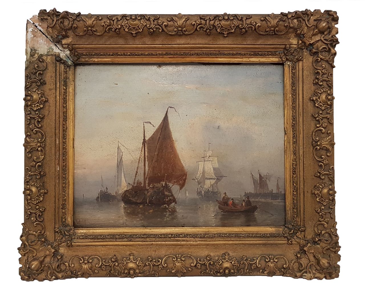 Opdenhoff G.W.  | Witzel 'George Willem' Opdenhoff, Schepen op kalme zee bij een havenhoofd, olieverf op paneel 27,9 x 36,2 cm, gesigneerd linksonder