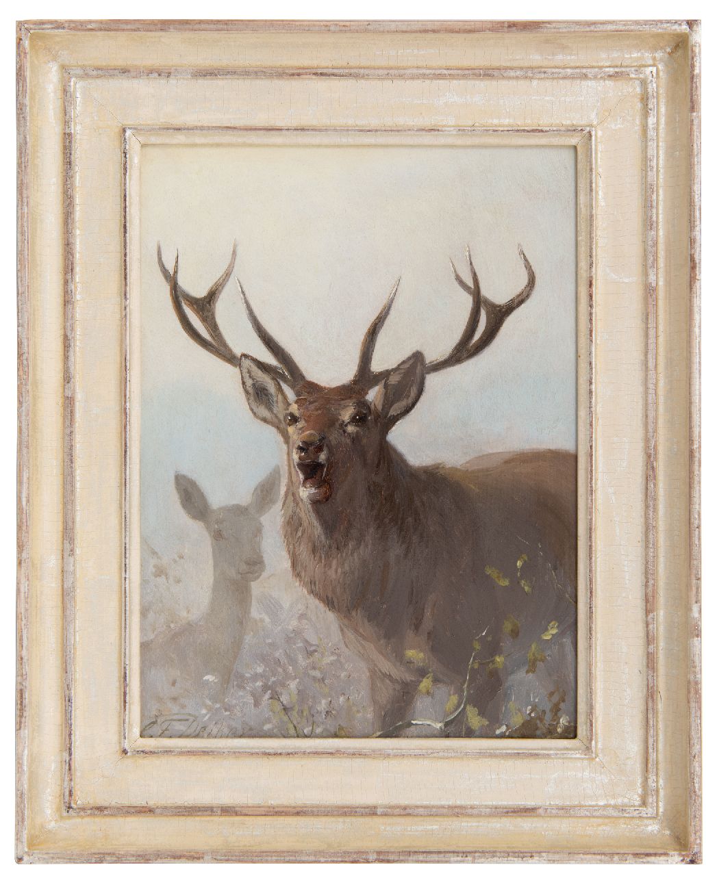 Deiker C.F.  | Carl Friedrich Deiker, Burlend edelhert, olieverf op paneel 27,0 x 20,3 cm, gesigneerd linksonder