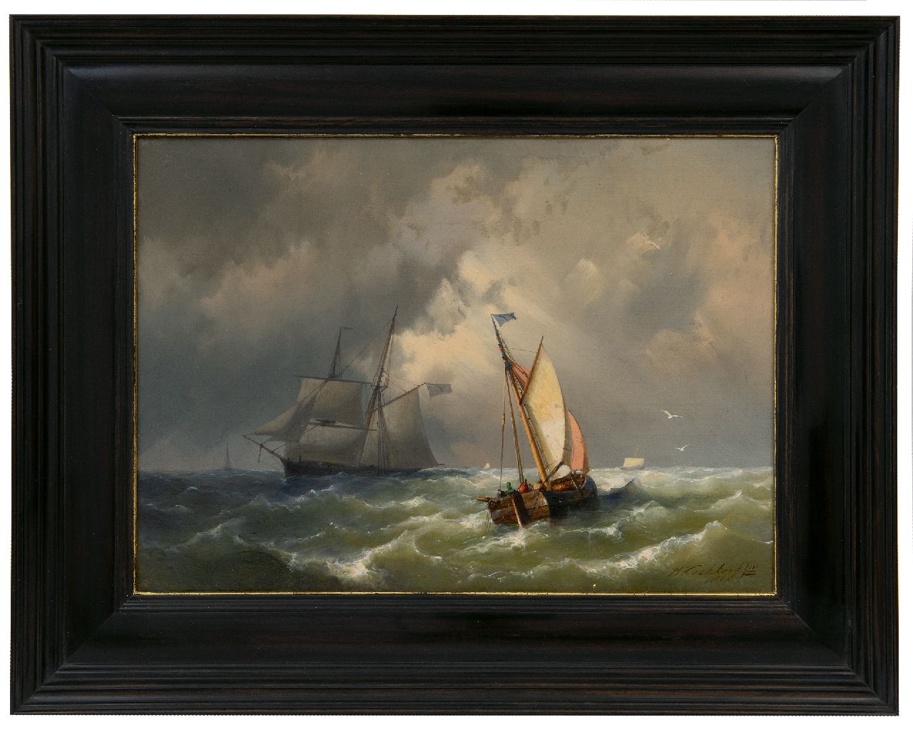 Koekkoek jr. H.  | Hermanus Koekkoek jr., Laverende zeilschepen op ruwe zee, olieverf op doek 25,3 x 35,3 cm, gesigneerd rechtsonder en gedateerd 1860