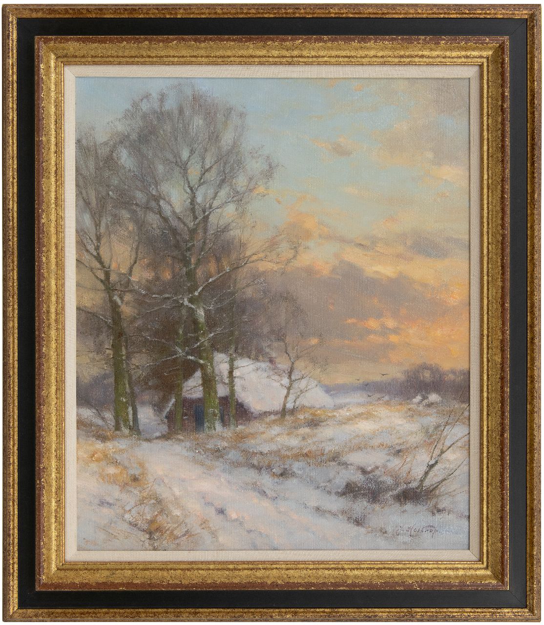 Holtrup J.  | Jan Holtrup | Schilderijen te koop aangeboden | Boerderij aan winterse bosrand in de Achterhoek, olieverf op doek 60,3 x 49,8 cm, gesigneerd rechtsonder