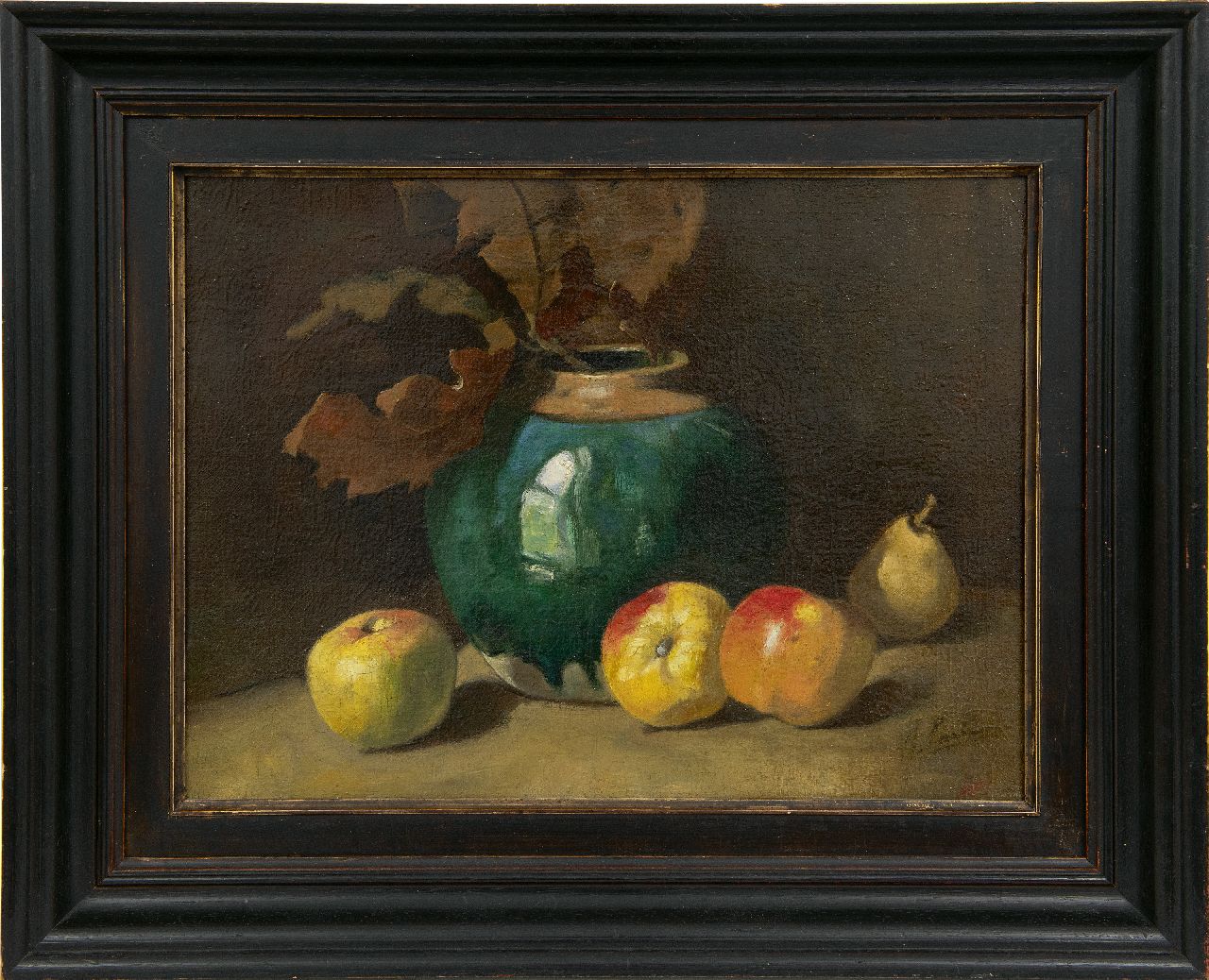 Surie J.  | Jacoba 'Coba' Surie, Herfststilleven met gemberpot en appels, olieverf op doek 31,3 x 41,5 cm, gesigneerd rechtsonder