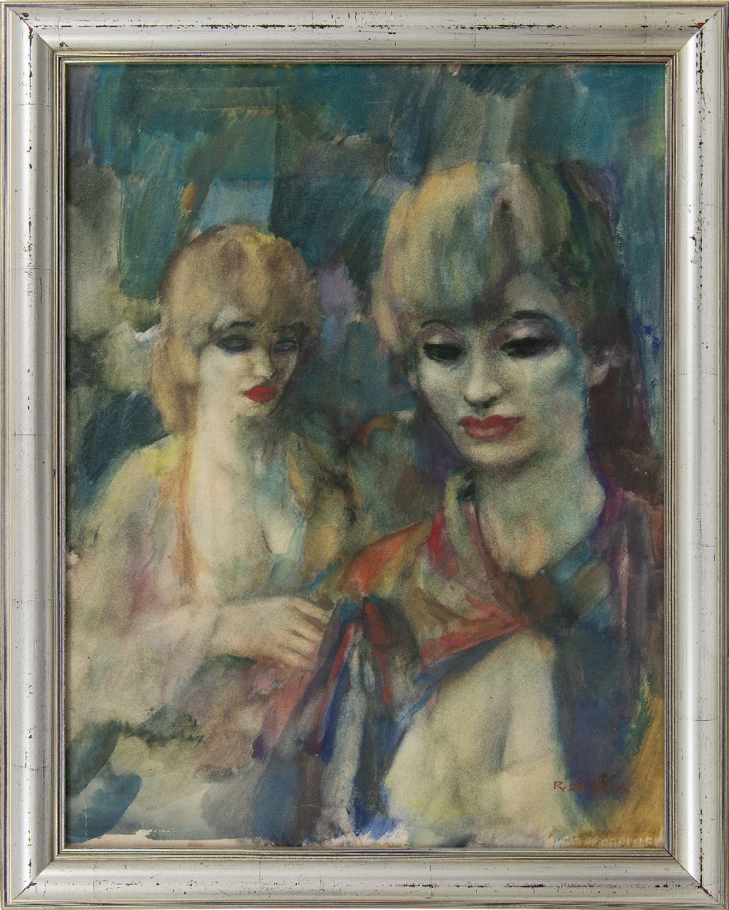Buck R. de | Raphaël de Buck | Aquarellen en tekeningen te koop aangeboden | Twee vrouwen in het café, aquarel op papier 69,0 x 53,0 cm, gesigneerd rechtsonder