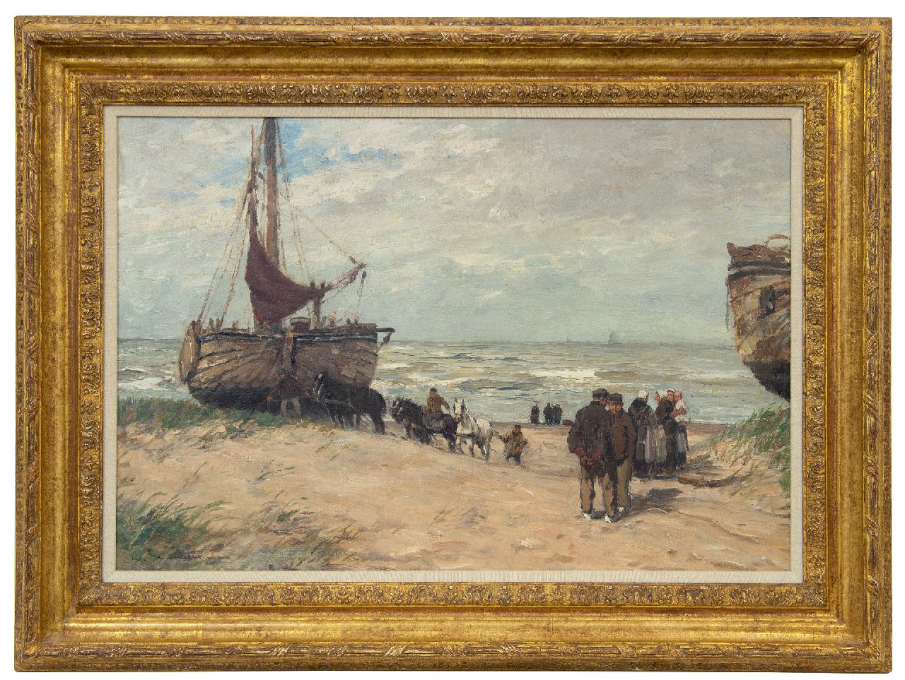 Hambüchen W.  | Wilhelm Hambüchen, Bommen en vissersvolk op het strand van Katwijk, olieverf op doek 50,0 x 75,0 cm, gesigneerd linksonder